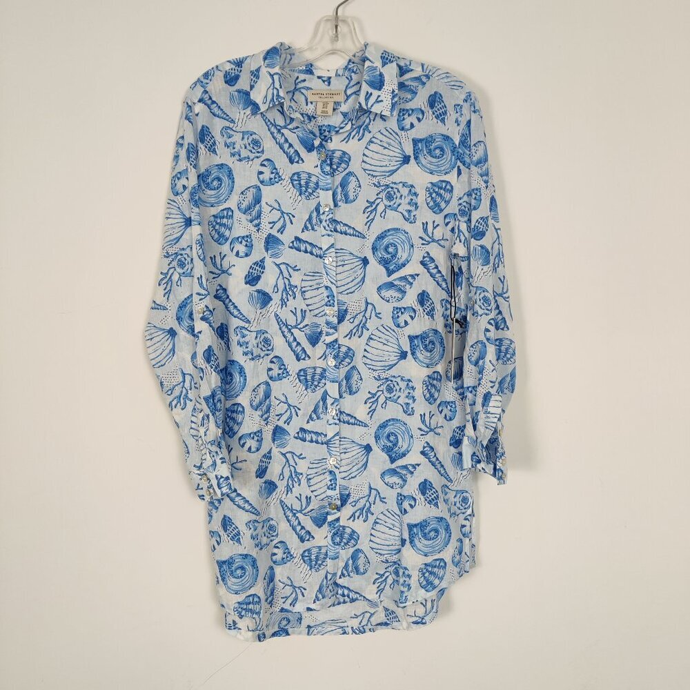 NEW Martha Stewart Collection Women's Tunic Size M White Blue Shells Linen Blend
